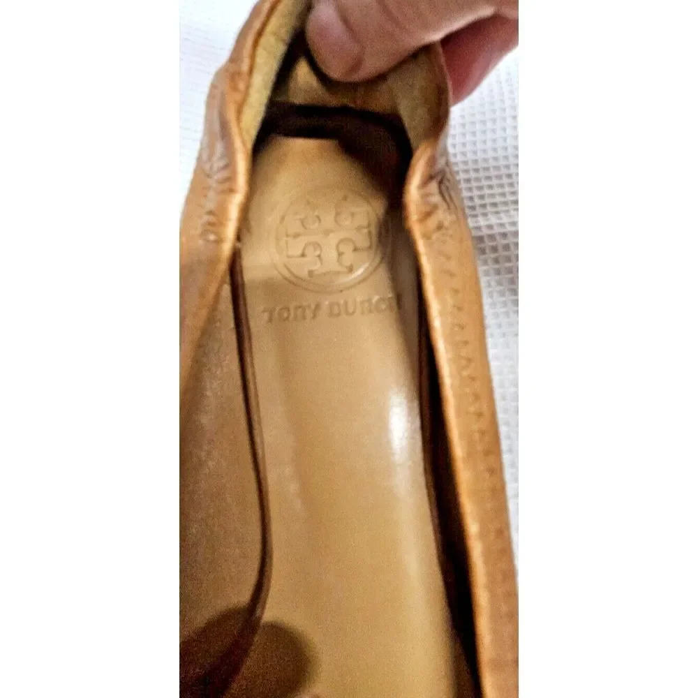 TORY BURCH Minnie travel ballet flat camel pebbled all leather upper woman Sz 6M